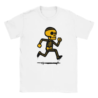 Valkoinen Juoksija T-paita, jossa cartoon-juokseva luuranko design