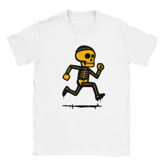 Valkoinen Juoksija T-paita, jossa cartoon-juokseva luuranko design