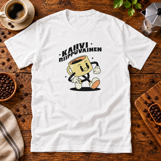 Themed flat-lay photograph of Kahvi Riipuvainen - T-paita with accessories related to its printed design.