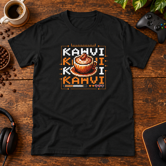 Themed flat-lay photograph of KahviKahviKahvi - T-paita with accessories related to its printed design.