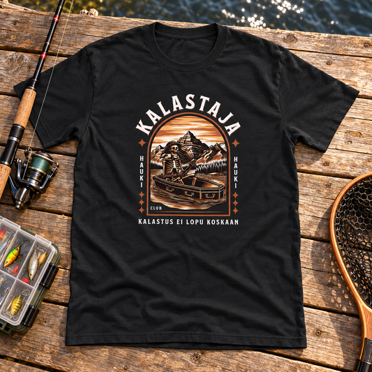 Musta t-paita, jonka printissä luuranko kalastaa arkusta Kalastus ei lopu koskaan -printissä. Printin aiheeseen liittyvä tuotekuva ja rekvisiitta.