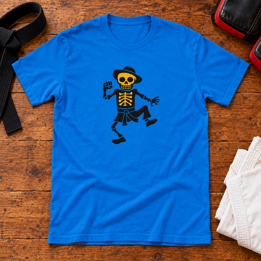Themed flat-lay photograph of KARATE - T-paita with accessories related to its printed design.