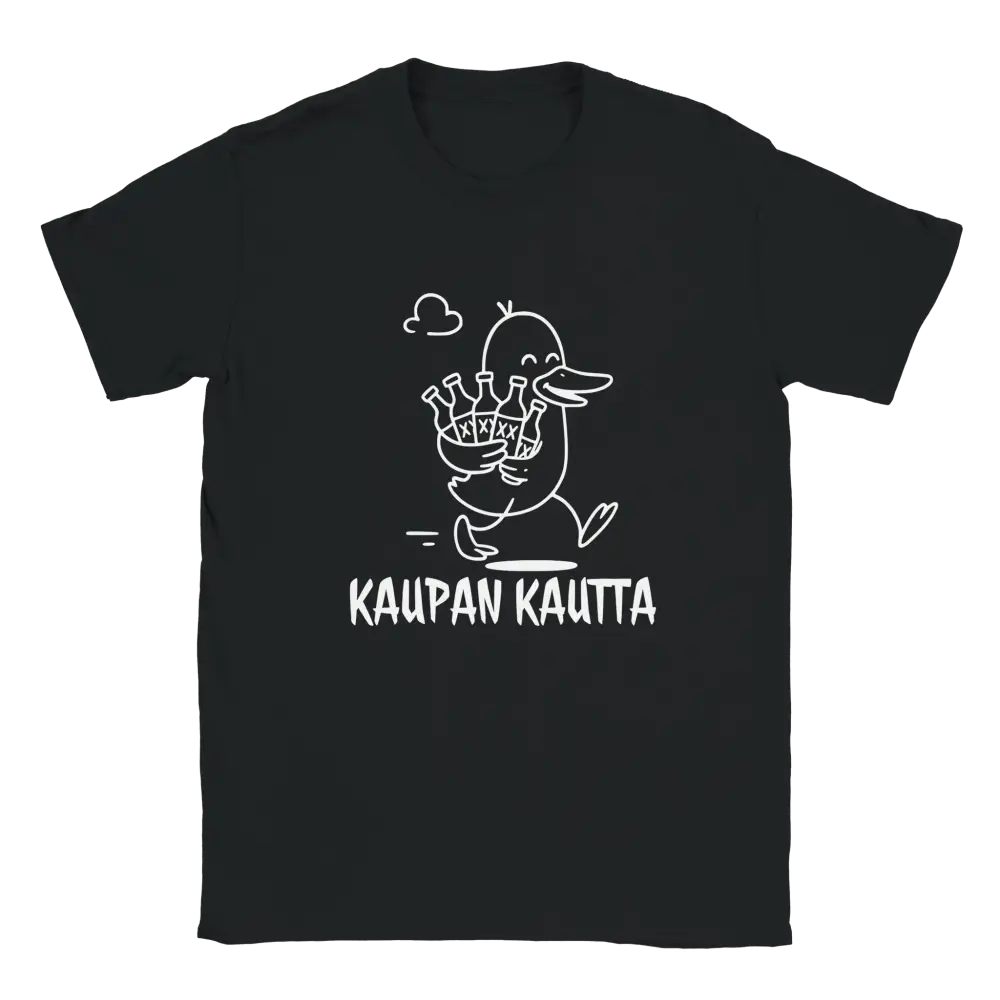 Musta T-paita valkoinen ankka ja pulloja kuva, Kaupan Kautta Kotiin - T-paita