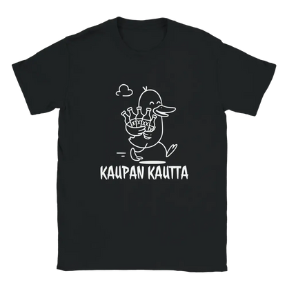 Musta t-paita, jonka printissä pulloja sylissään kantava ankka ja KAUPAN KAUTTA -teksti.