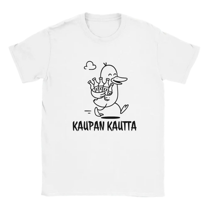 Valkoinen t-paita, jonka printissä pulloja sylissään kantava ankka ja KAUPAN KAUTTA -teksti.