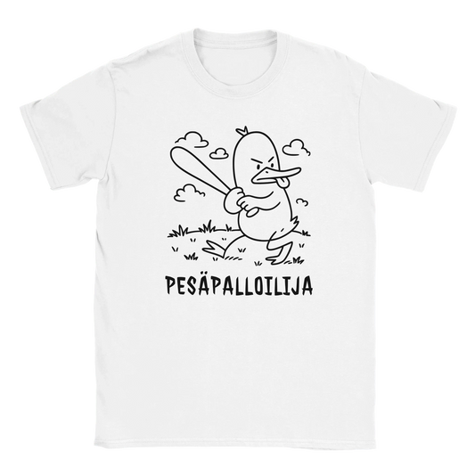 Valkoinen T-paita Angry Duck baseballpampulla kuvalla KentänKuningas-tuotenimellä