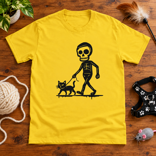 Themed flat-lay photograph of Kissa Ihminen - T-paita with accessories related to its printed design.