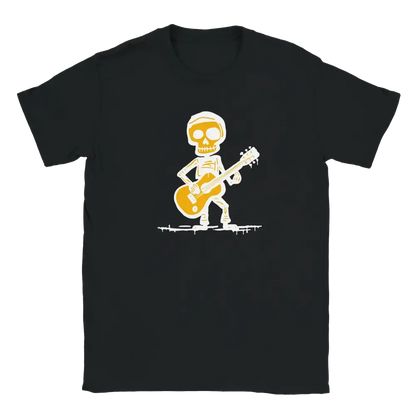 Musta T-paita Skeletonin soittamassa kitaraa grafiikalla Kitaristi T-paita