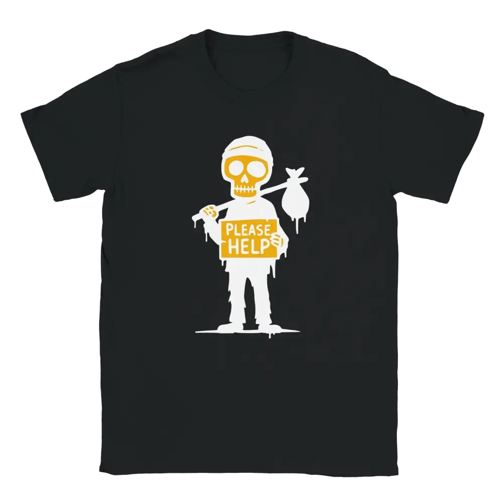 Mustavalkoinen Koditon T-paita, keltainen kallo ja valkoinen luuranko pitämässä Please Help -kylttiä