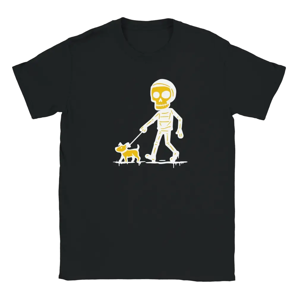 Musta crew neck T-paita Koiran omistaja - T-paita skeletoni kävelee koiraa grafiikalla