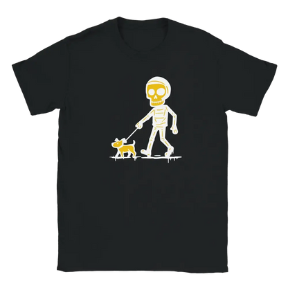 Musta crew neck T-paita Koiran omistaja - T-paita skeletoni kävelee koiraa grafiikalla