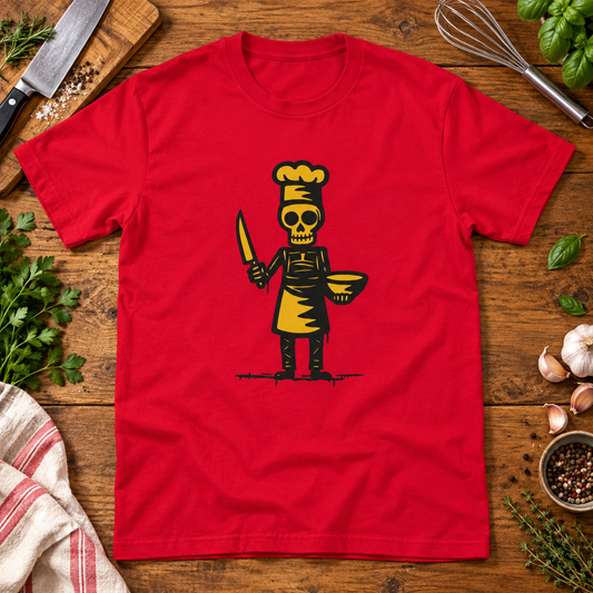 Themed flat-lay photograph of Kokki - T-paita with accessories related to its printed design.