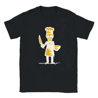 Musta t-paita Skeleton Chef graafikalla Kokki T-paita tuotekuvassa