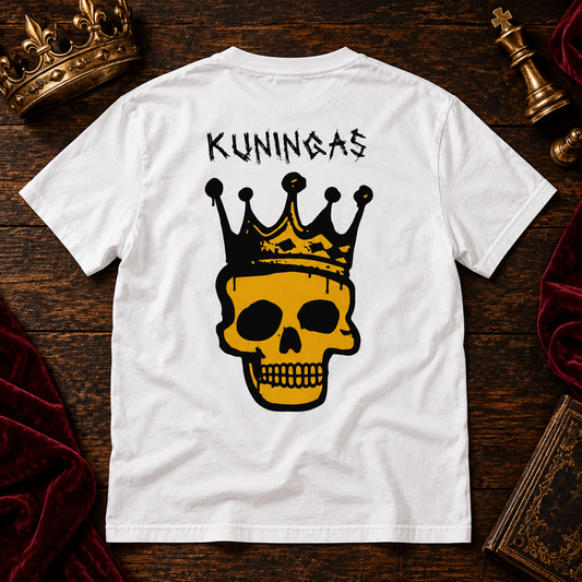 Themed flat-lay photograph of Kuningas - T-paita (Kuva selässä) with accessories related to its printed design.