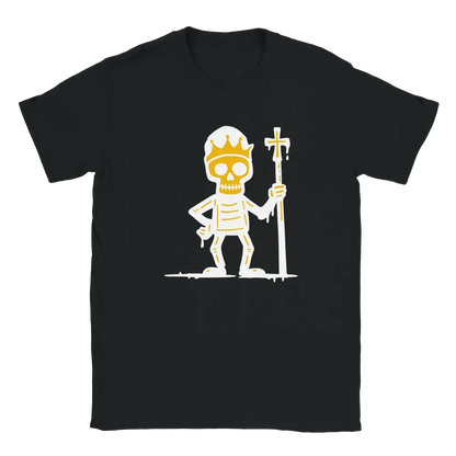 Mustavalkoinen Kunkku T-paita Skeletoni kruunulla ja ristikahvalla design