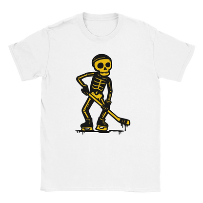 Valkoinen lyhythihainen T-paita Lätkäjätkä Skeleton Hockey Player grafiikalla