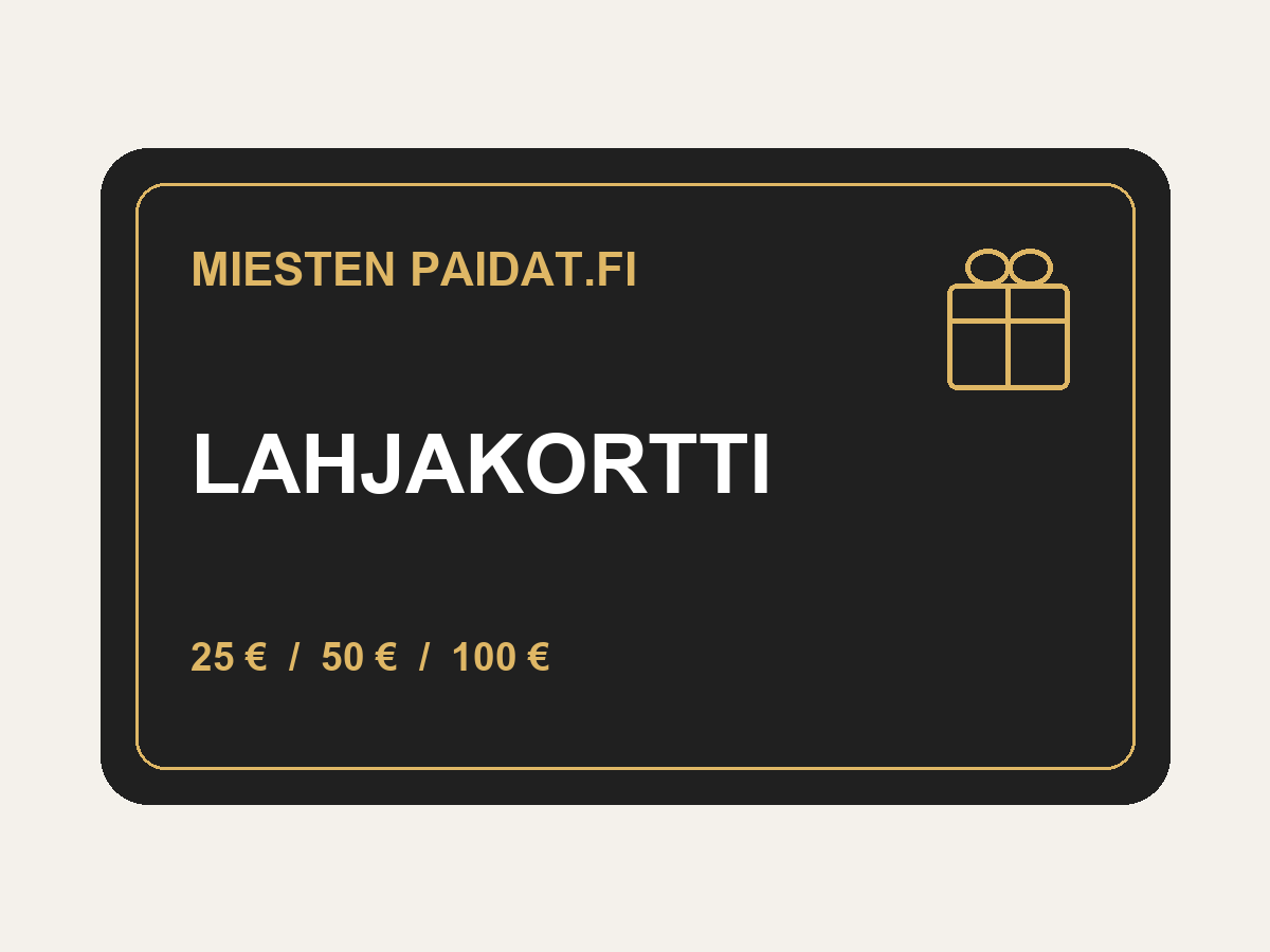 Miesten Paidat.fi -lahjakortti, musta kortti kultaisin yksityiskohdin ja arvot 25, 50 tai 100 euroa.