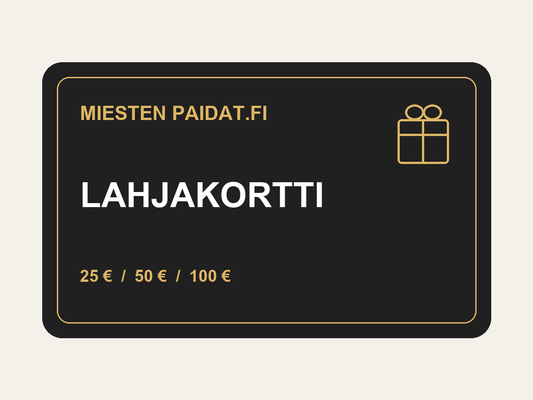 Miesten Paidat.fi -lahjakortti, musta kortti kultaisin yksityiskohdin ja arvot 25, 50 tai 100 euroa.