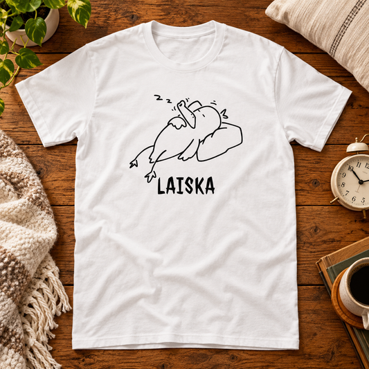 Themed flat-lay photograph of Laiska Lintu - T-paita with accessories related to its printed design.