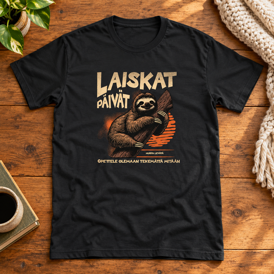 Themed flat-lay photograph of Laiskat Päivät - T-paita with accessories related to its printed design.