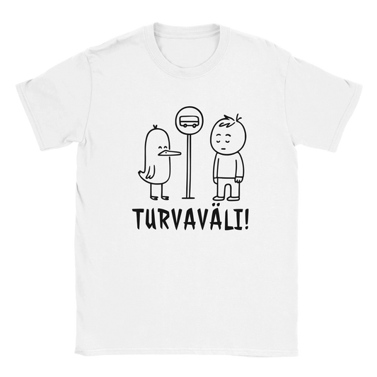 Valkoinen lyhythihainen T-paita linnuilla ja ihmisellä pysäkillä Finnish tekstillä