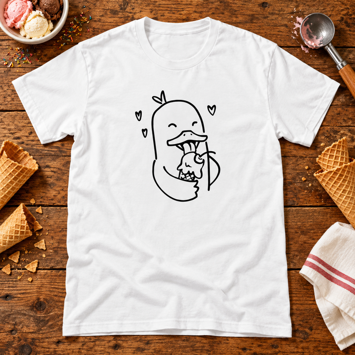 Themed flat-lay photograph of Love At First Bite - T-paita with accessories related to its printed design.