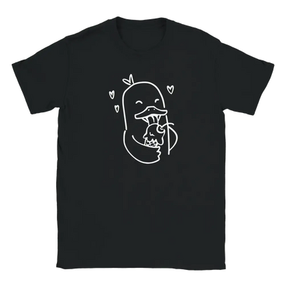 Black T-shirt featuring a duck enjoying a fish in an ice cream cone surrounded by hearts.