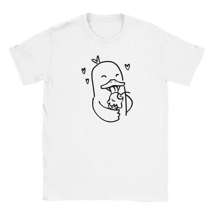 White T-shirt featuring a duck enjoying a fish in an ice cream cone surrounded by hearts.