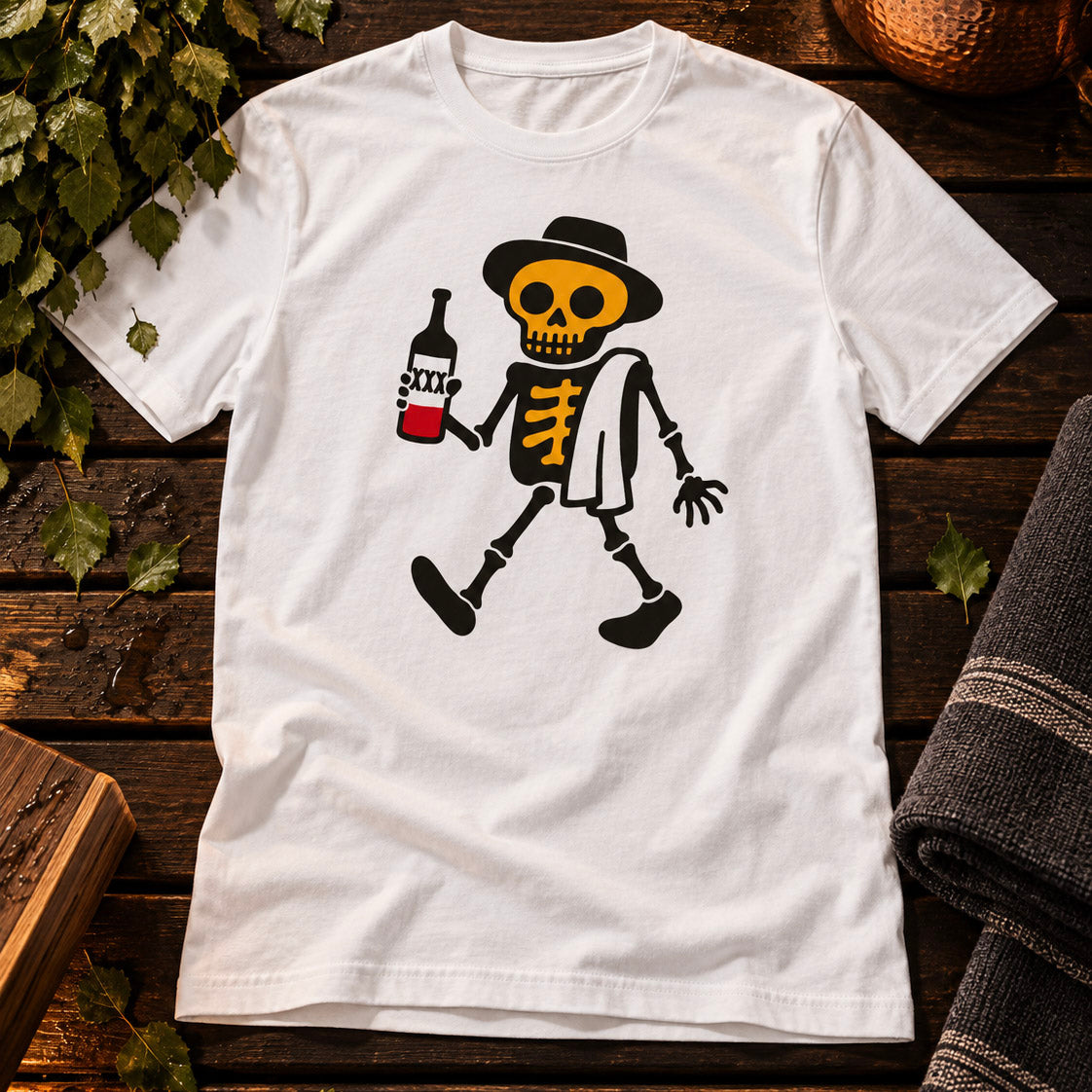 T-shirt featuring a skeleton with a towel over its shoulder and a bottle in hand.