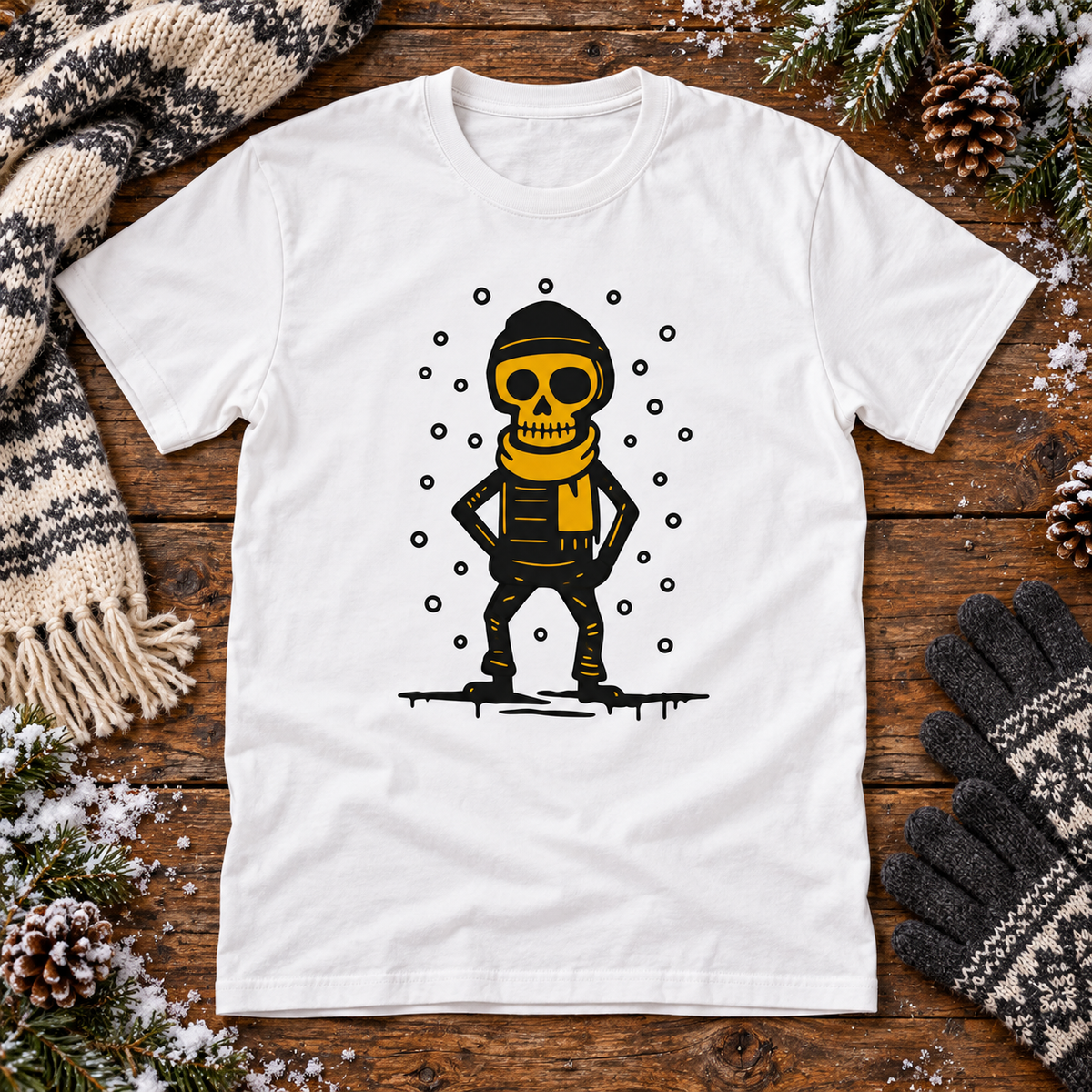White Lumisateessa skeleton print T-shirt on a winter cabin table with a knitted scarf, gloves and snowy evergreen sprigs.