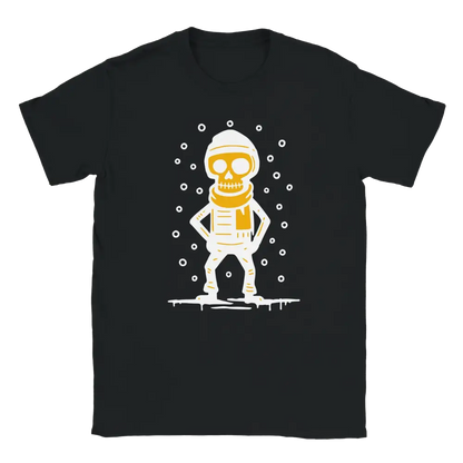 Black T-shirt featuring a skeleton wearing a winter hat and scarf in falling snow.