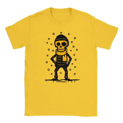 Yellow T-shirt featuring a skeleton wearing a winter hat and scarf in falling snow.