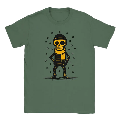 Green T-shirt featuring a skeleton wearing a winter hat and scarf in falling snow.