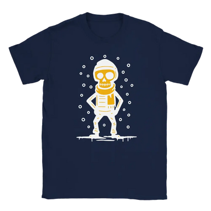 Navy blue T-shirt featuring a skeleton wearing a winter hat and scarf in falling snow.