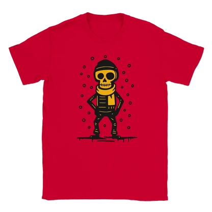 Red T-shirt featuring a skeleton wearing a winter hat and scarf in falling snow.