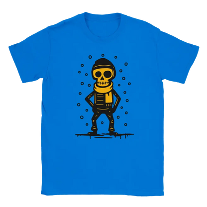 Blue T-shirt featuring a skeleton wearing a winter hat and scarf in falling snow.