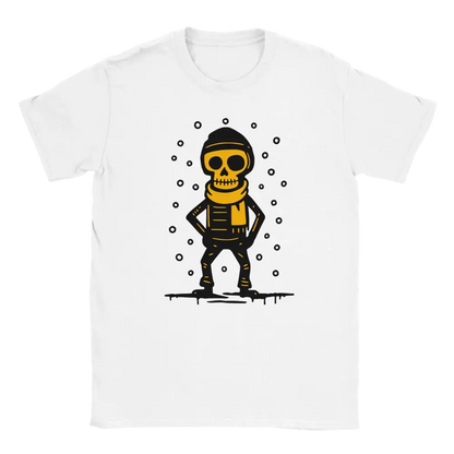 White T-shirt featuring a skeleton wearing a winter hat and scarf in falling snow.