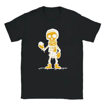 Lumisota T-paita mustavalkoinen t-paita karikatyyriskelellä hatussa ja käsineissä