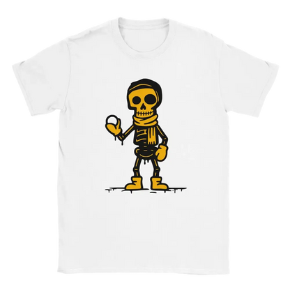 Lumisota T-paita valkoinen t-paita skeletoneilla ja keltaisella kaulaliinalla