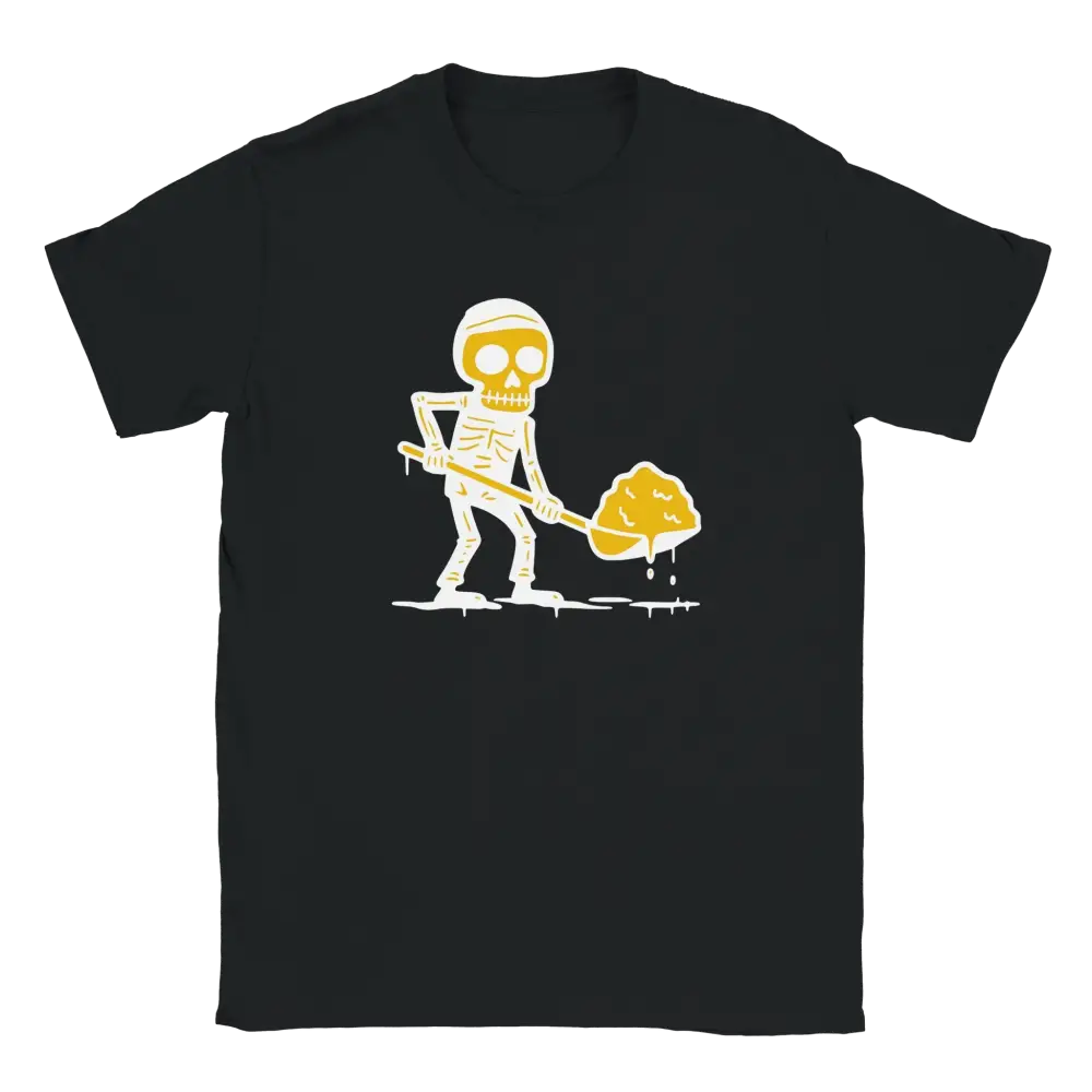 Lumitöissä T-paita musta t-paita cartoon skeleton shoveling yellow goo