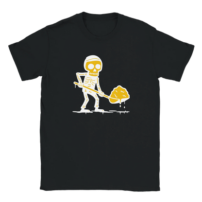 Lumitöissä T-paita musta t-paita cartoon skeleton shoveling yellow goo