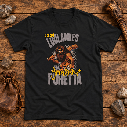 Themed flat-lay photograph of Luolamies - T-paita with accessories related to its printed design.