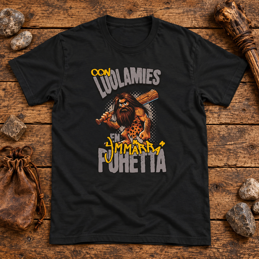 Themed flat-lay photograph of Luolamies - T-paita with accessories related to its printed design.