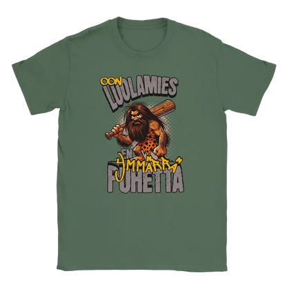 T-shirt featuring a bearded caveman carrying a club with Finnish wording about not understanding speech.