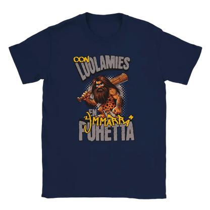 T-shirt featuring a bearded caveman carrying a club with Finnish wording about not understanding speech.