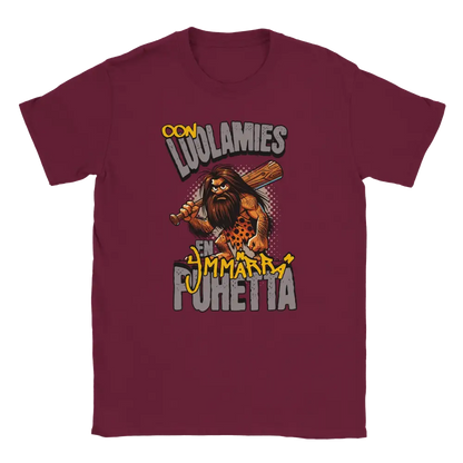 Maroon T-shirt featuring a bearded caveman carrying a club with Finnish wording about not understanding speech.