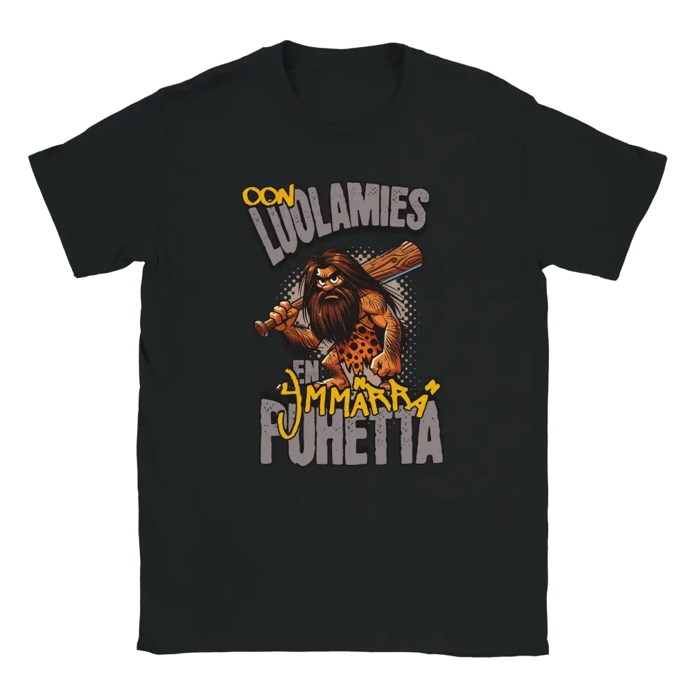 Black T-shirt featuring a bearded caveman carrying a club with Finnish wording about not understanding speech.