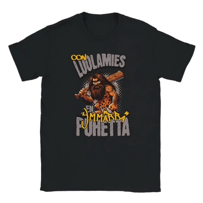Black T-shirt featuring a bearded caveman carrying a club with Finnish wording about not understanding speech.