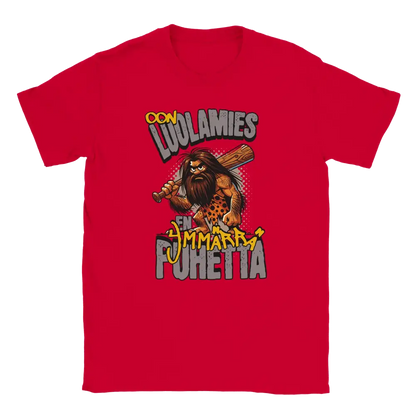 T-shirt featuring a bearded caveman carrying a club with Finnish wording about not understanding speech.