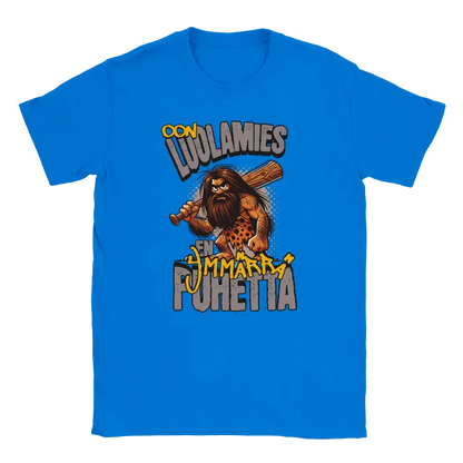T-shirt featuring a bearded caveman carrying a club with Finnish wording about not understanding speech.